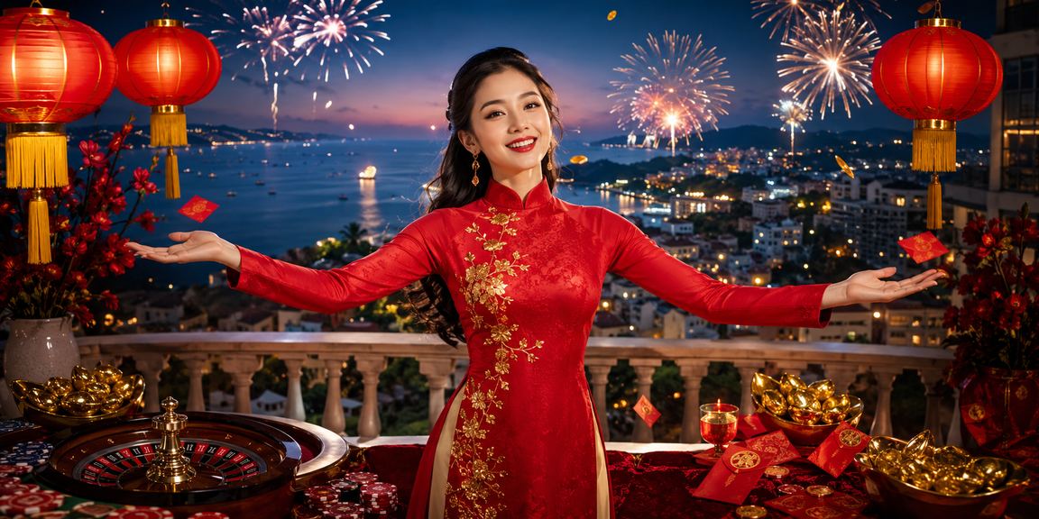 Người dùng tận hưởng ưu đãi phong bì đỏ tại Phú Quốc trong trang phục áo dài